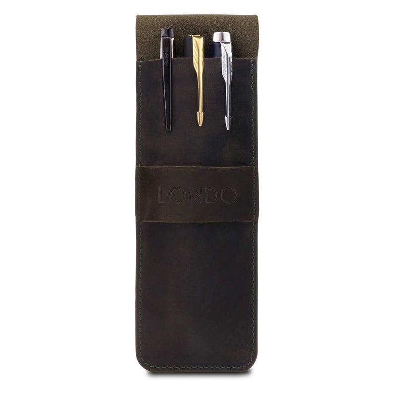 Londo Genuine Leather Pen and Pencil Case with Tuck in Flap, Stationery Bag - Image 2